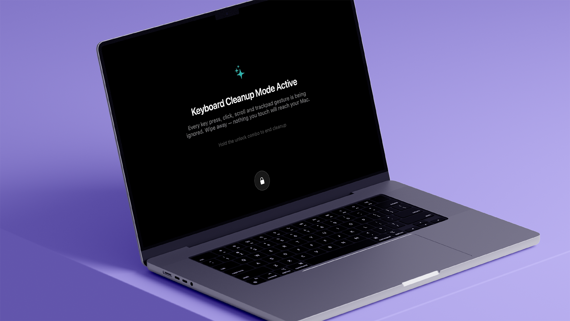 Lock & Go keyboard cleanup mode on an angled MacBook