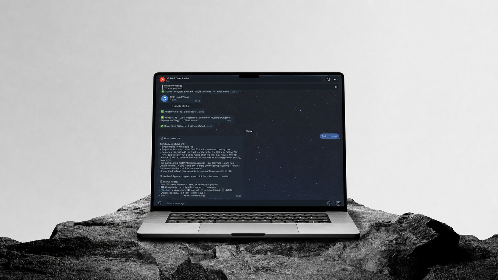 Trackdrop Telegram bot on a MacBook